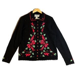 Cove Creek Cardigan Size Small Black Christmas Embroidered Festive Holly Party